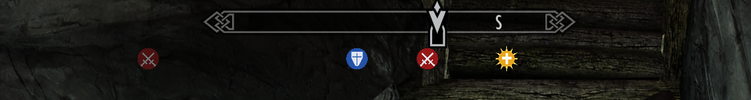 Skyrim's compass with role icons under it: red crossed swords for two damage mercs, a blue shield for the tank and a gold sun for the healer