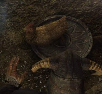 A chicken next to a bandit's body, labelled Search Bandit Outlaw