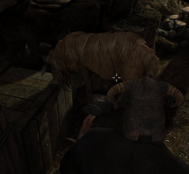 A bandit polymorphed into a goat beside a crate